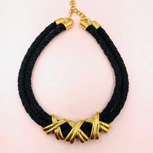 Elegant Unique black braided rope gold-tone X kiss vintage statement necklace